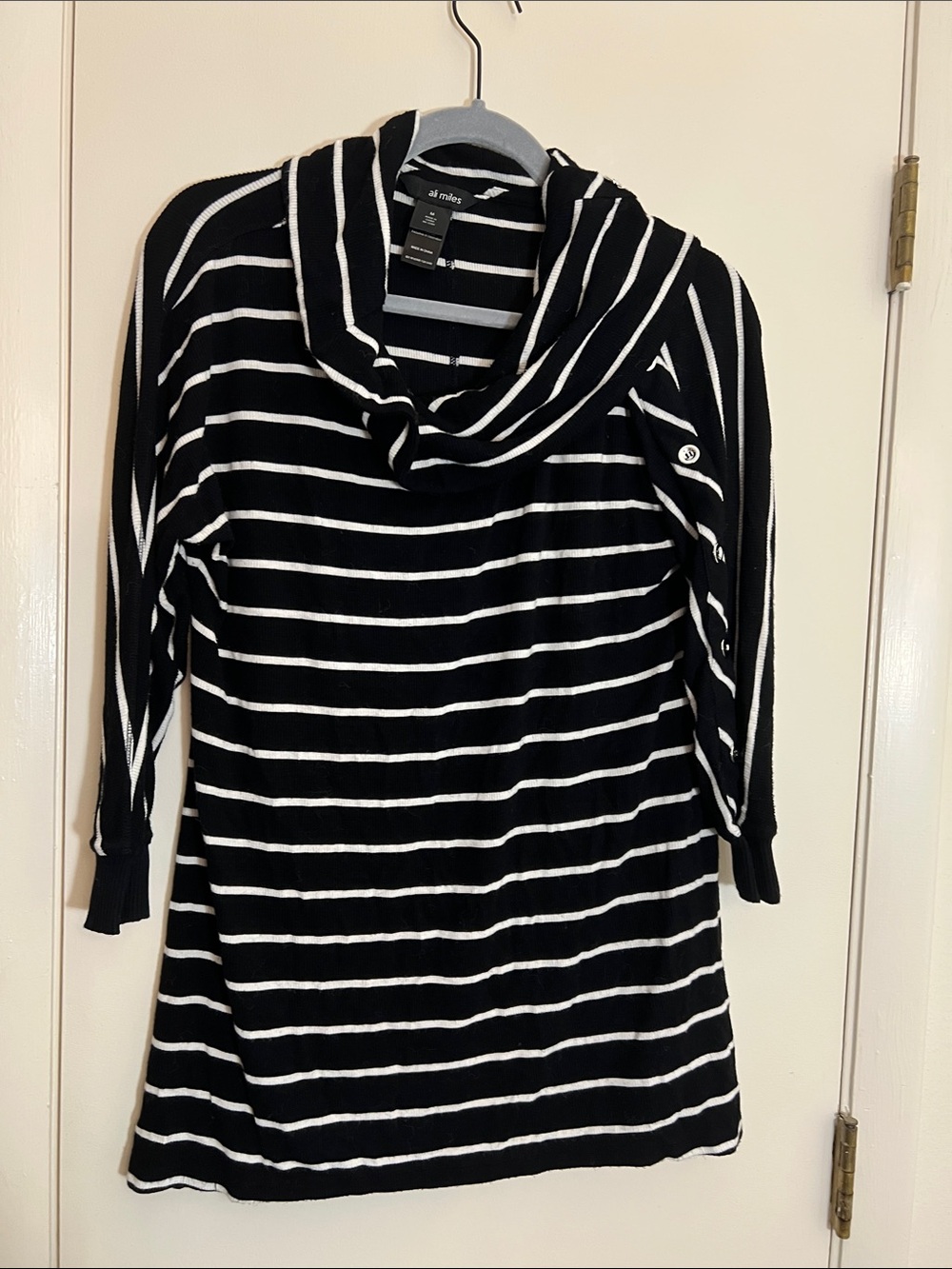Ali miles Black and White Striped Cowlneck Sweater Dress